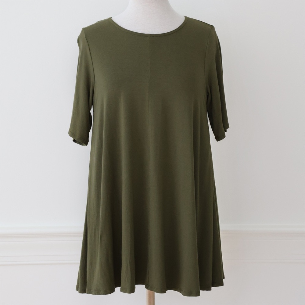 Eileen Fisher Viscose Jersey Olive Green Short Sleeve Tunic Top Size Medium